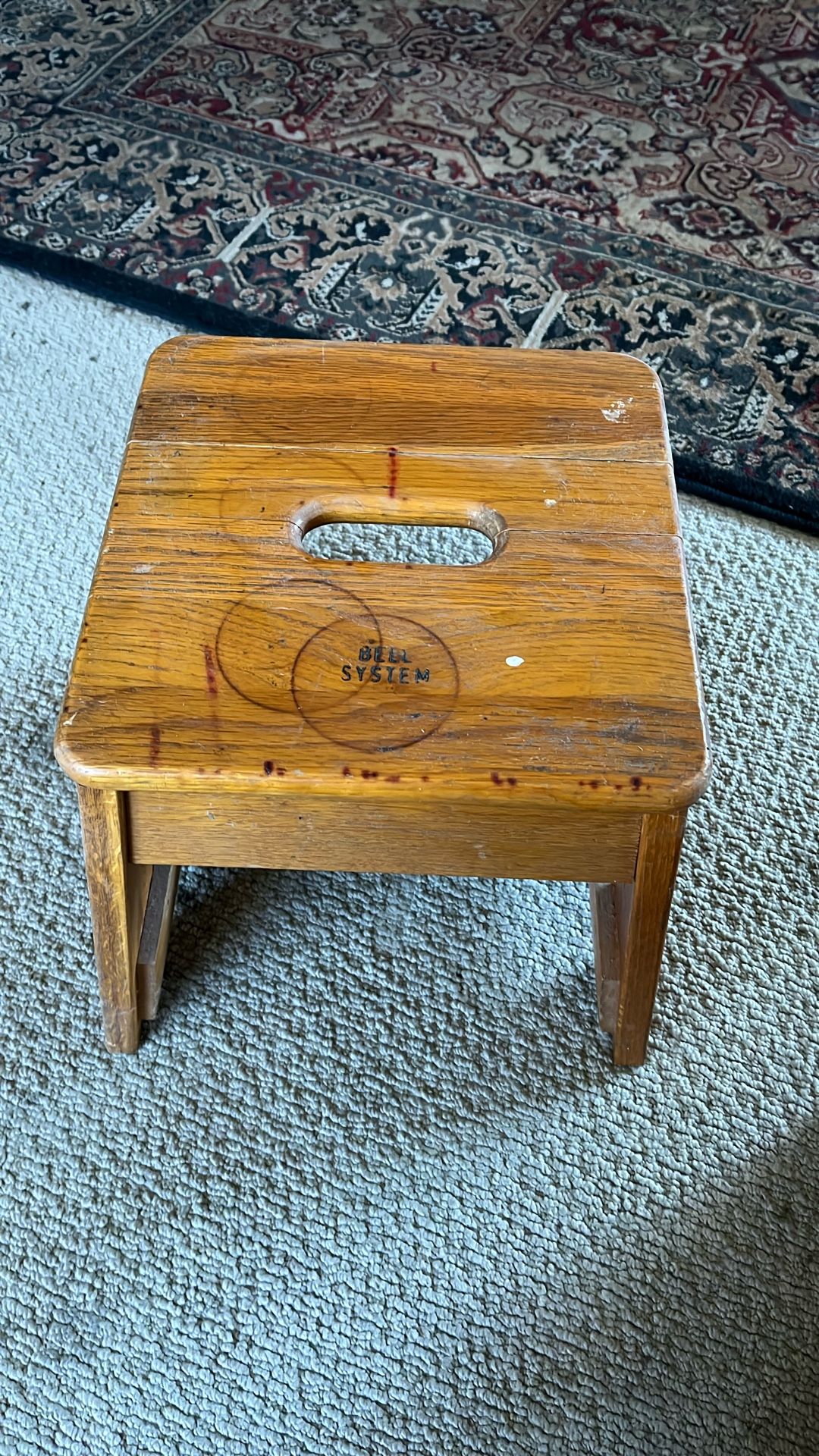Vintage Bell System Oak Stool, Telephone Lineman Work Step Stool with Handhold, Phone Company Furniture