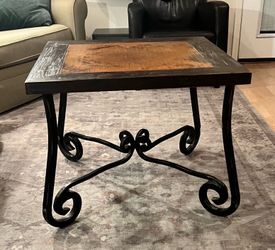 Wrought Iron and Wood Top End Table