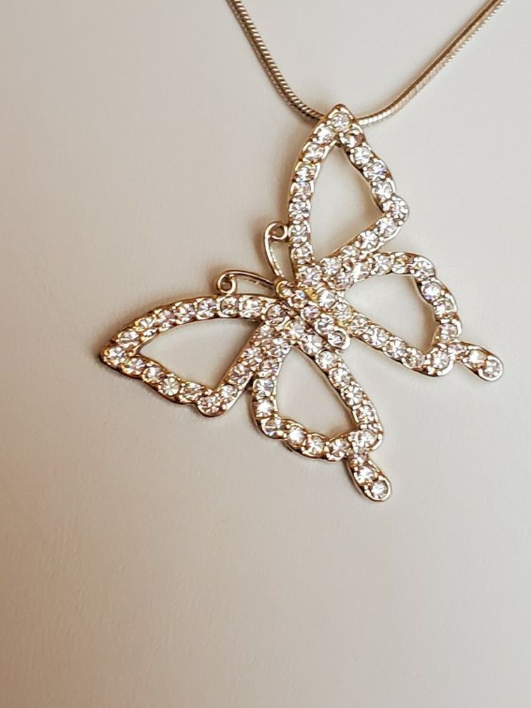 Silver Rhinestone Butterfly Pendant Necklace