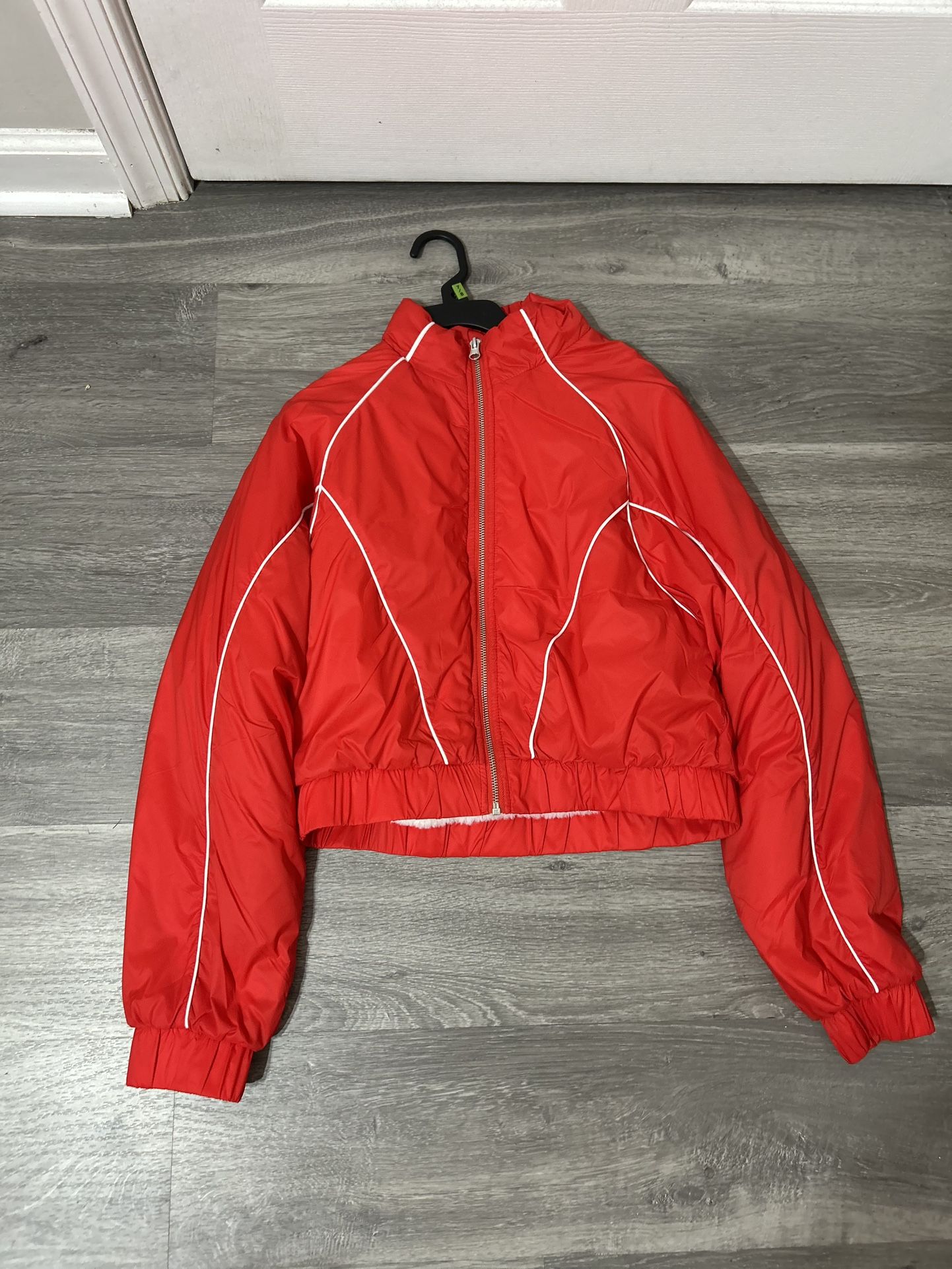 Red and white puffer jacket