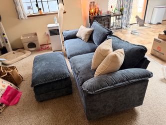 *** MOVE OUT SALE Plush Slate Blue Couch & Matching Ottoman