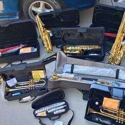 New Brass Instruments Tenor and Alto Saxophones, Trombone, Trumpets and Silver  Plated Flute