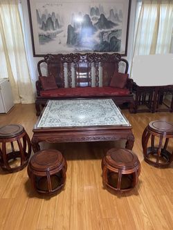 Traditional Chinese Asian Oriental Carved Red Wood Redwood Furniture Living Room Set Coffee End Table Plant Stand Stool Chair Antique
