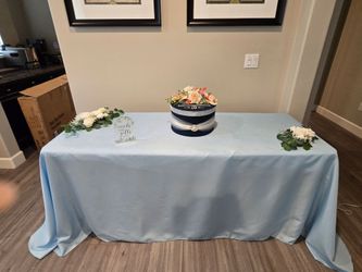 Rectangular Tablecloths 90x132inch Peach (2), Navy Blue (1), Light Blue (q)