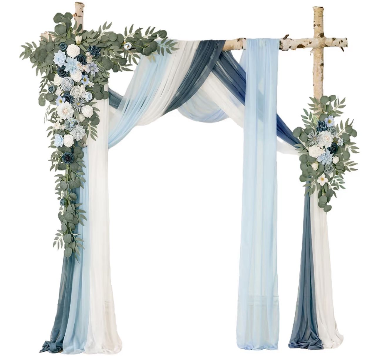 (7777-5) Deluxe Blue Artificial Wedding Arch Flowers with Drapes Kit-Pack of 5, 2pcs Flower Arrangements 3pcs Hanging Sheer Drapes Blue Ceremony Arbor