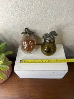 2 Vintage crackle glass fruit with metal stem