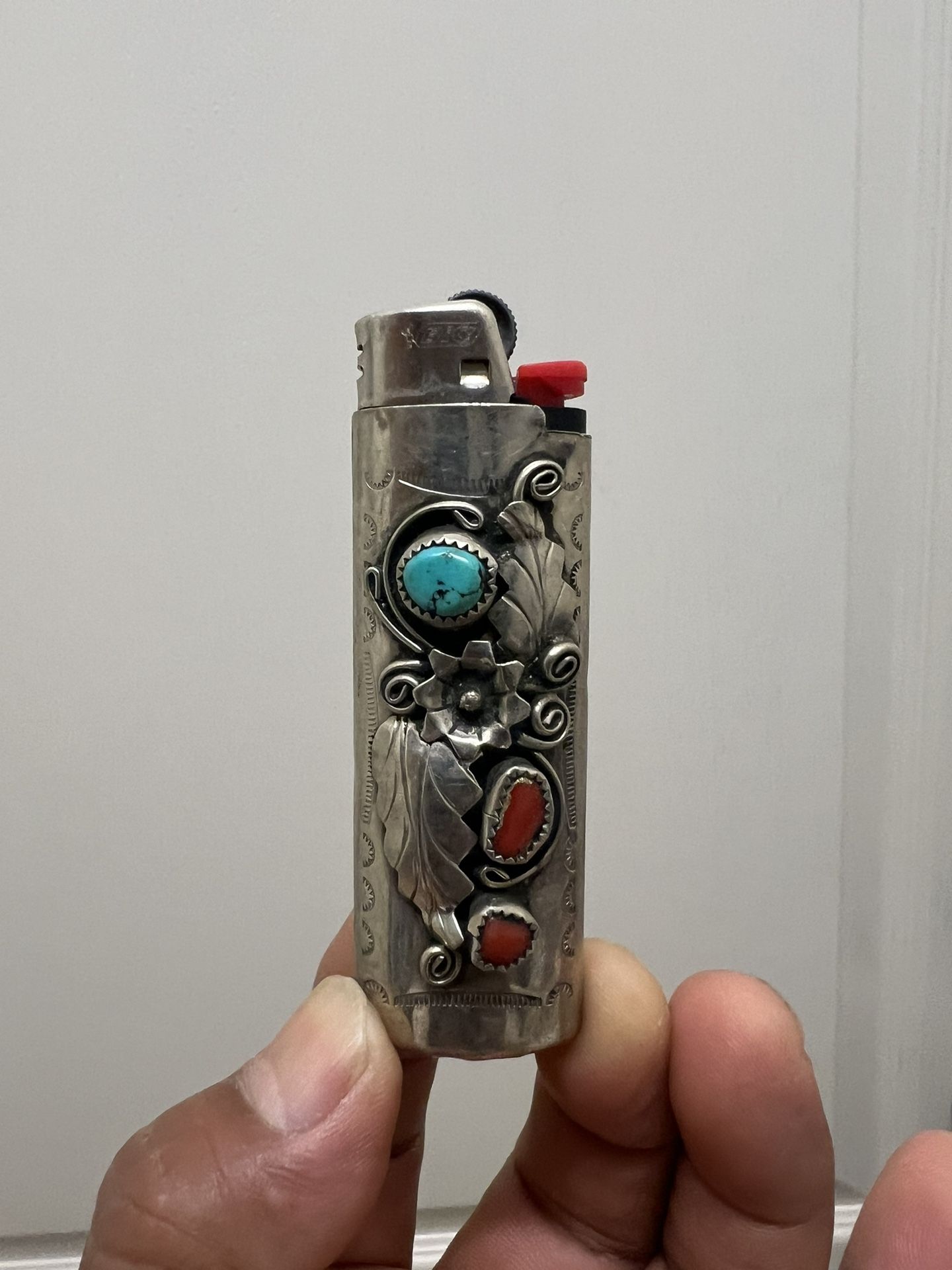 Navajo made sterling silver turquoise and red coral silverwork lighter case
