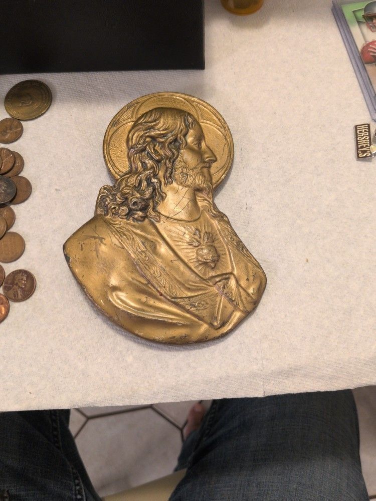 Antique Jesus Sacred Heart Gold Painted High Relief Metal Wall Plaque