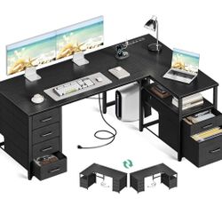 Coleshome L Shaped Computer Desk with 6 Drawers & Power Outlet, 55 Inch Corner Desk with Reversible Storage Shelf & File Drawer, Home Office Desk