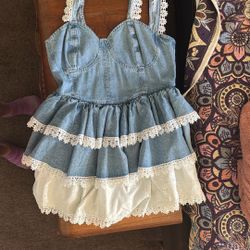 Cute Blue, Jean And Eyelet Ruffle Dress