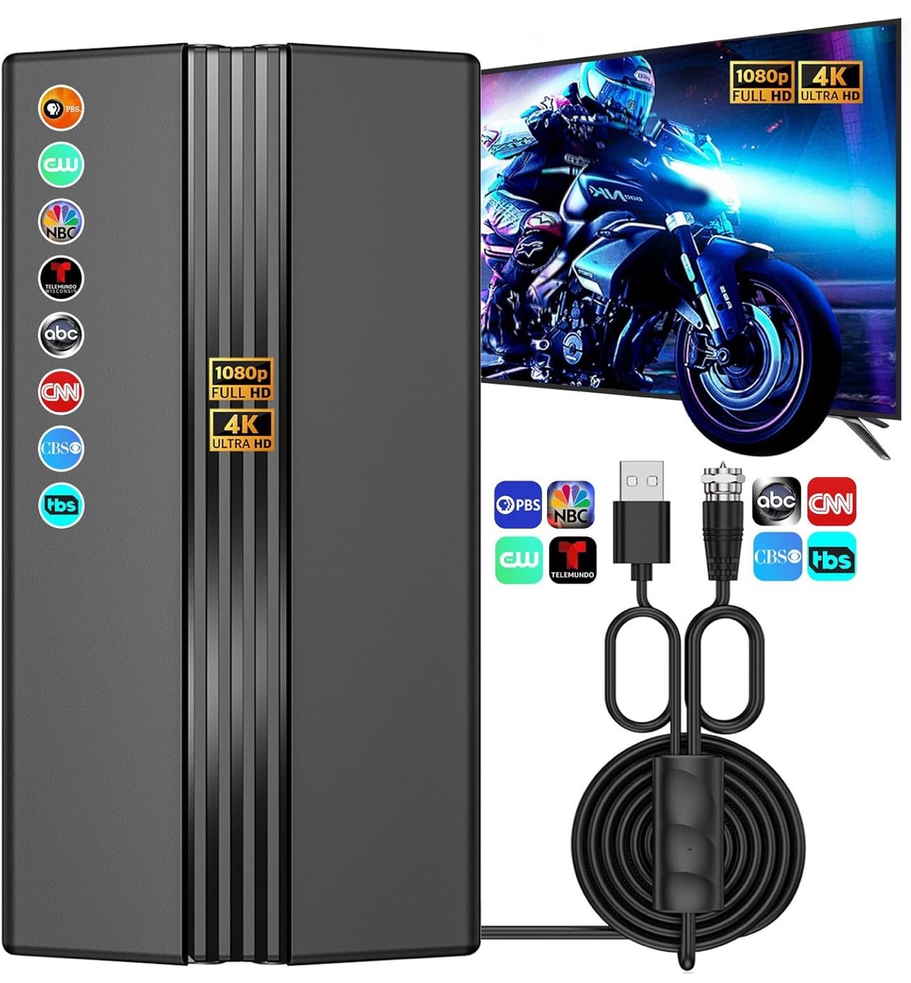 TV Antenna for Smart TV, 1800+ Miles Range, Indoor/Outdoor Antenna for Local Channels, Supports 4K 1080p HD, Amplified Signal Booster, 33FT Coax Cable
