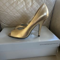 Jessica Simpson Leather Gold Heels Size 8.5
