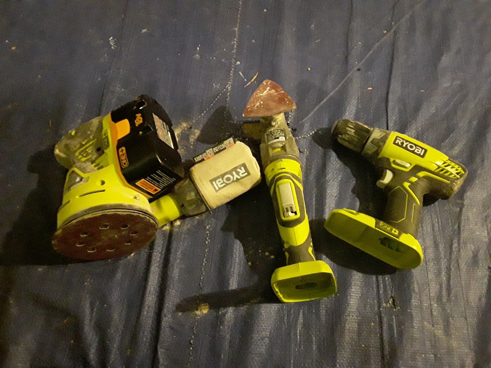 3 ryobi cordless 18v one+ tools with one battery and charger