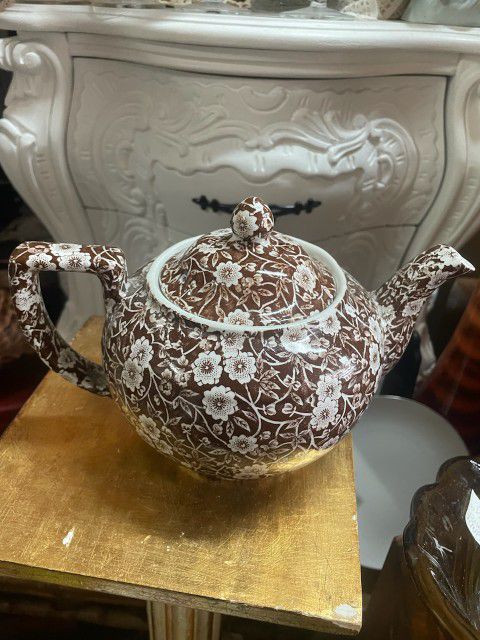 Antique Brown Floral English Calico Teapot 