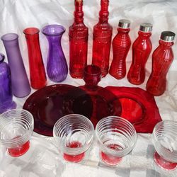 17 PCS. Red And Purple Glassware. Vases Bottles Plates Ice Cream Dessert Dishes. Some Cranberry / Vintage. 