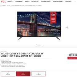 TCL 65" Class 6-Series 4K UHD Dolby Vision HDR Roku Smart TV - 65R615