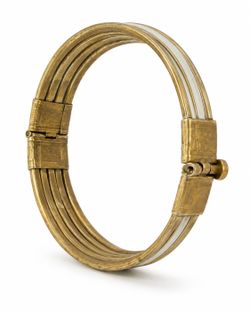 Vintage Brass Mother of Pearl Inlay Hinged Bangle Bracelet Tribal Boho Jewelry