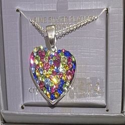 Rainbow Crystal Fine Silver-Tone Heart Pendant with Chain