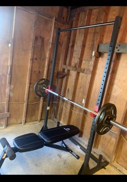 HOME GYM BUNDLE squat rack - full weights - 45lbs bar- adjustable bench - floor mats
