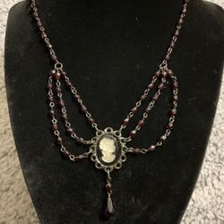 Vintage Cameo Necklace With Ruby Colored Beads