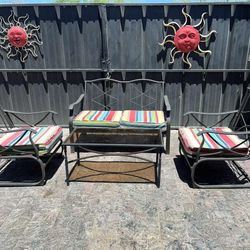 Metal/Fabric Bench w/ 2 Metal/Fabric Seat Chairs & Middle Table & Cushions