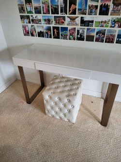 White Desk with Tufted Ottoman Stool