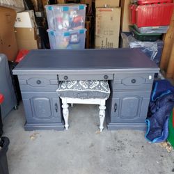 Custom Painted Gray Desk And Plush Seat 