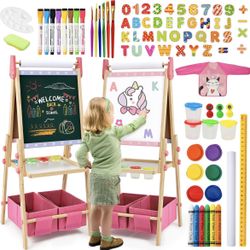 Kids Easel Including 100+ Accessories, Dual-Sided Wooden Easel for Kids Girls Age 3-12 with Magnetic Chalk & Painting Board, Free Height Adjustable Ar
