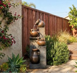 0303 Large Outdoor Water Fountain Modern 53-Inch Cascading Bowls Gray 4 Tiered Cascading Bowls Waterfall LED-lit cascading flow, soothing water sound,