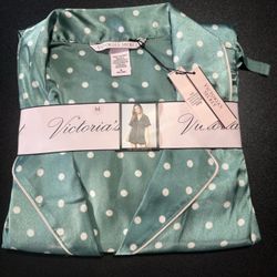 green polka dot satin short pajama Victoria's Secret button front gift medium