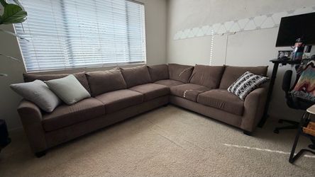 Large Brown Fabric L-Shaped Sectional Sofa