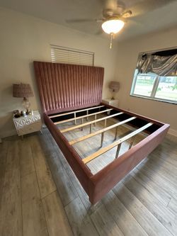 Pink Velvet Upholstered Bed Frame with Headboard