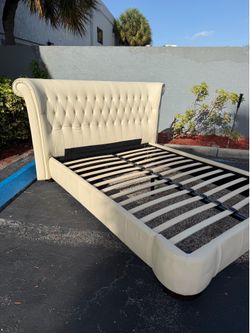 Beautiful white leather queen size bedframe bed frame modern contemporary cream color bedroom set