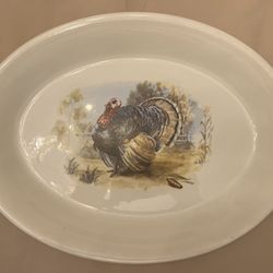 Vintage Oval Holiday Thanksgiving Serving Platter With Country Turkey 