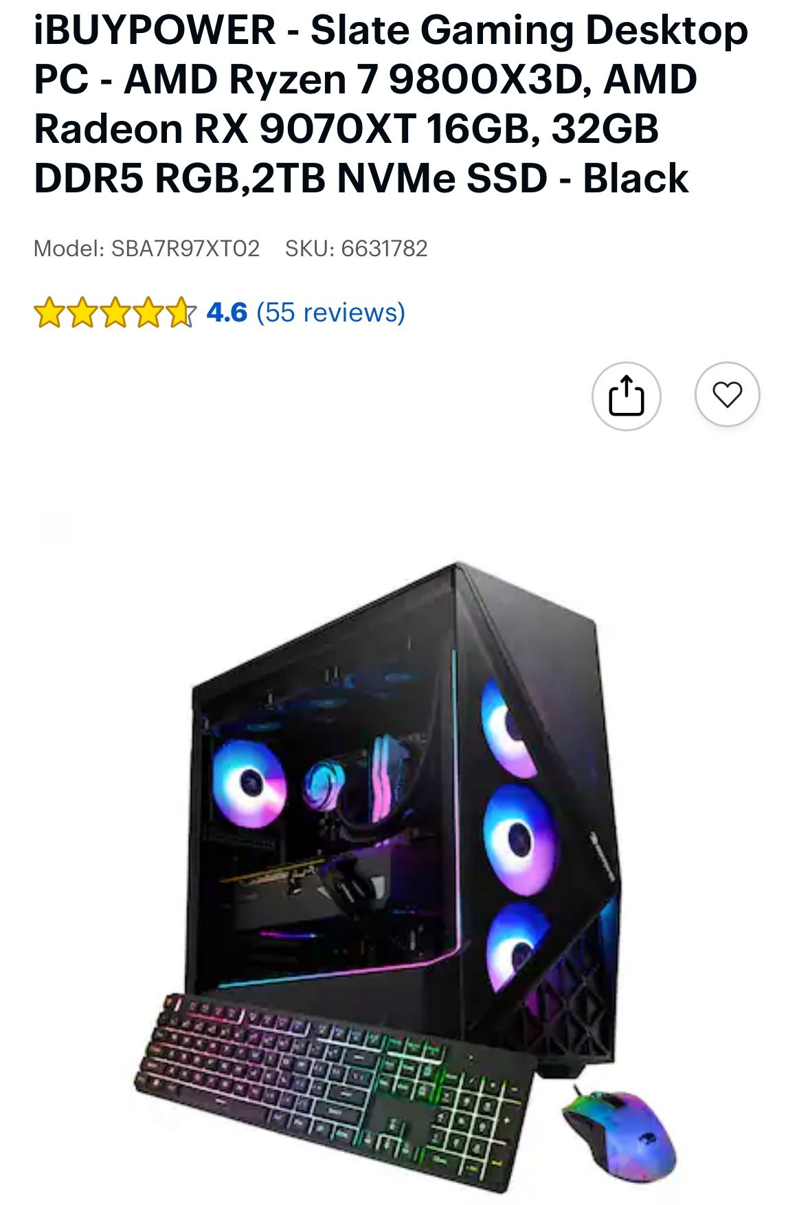 iBUYPOWER - Slate Gaming Desktop PC - AMD Ryzen 7 9800X3D, AMD Radeon RX 9070XT 16GB, 32GB DDR5 RGB,2TB NVMe SSD - Black