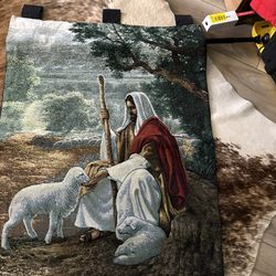 Lost No More" tapestry wall hanging depicting Jesus as the Good Shepherd, featuring artwork by Greg Olsen