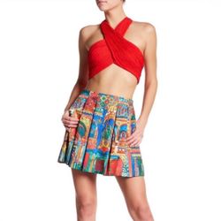 Alice & Olivia Pleated Colorful Architectural All Over Print Mini Skirt NWT Sz 2