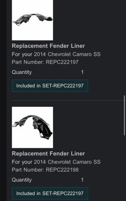 Front fender liners for a 2014 Chevrolet Camaro SS.