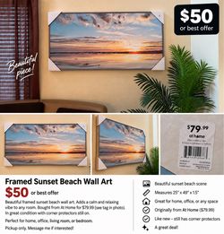 Framed Sunset Beach Canvas Wall Art 25x49