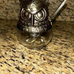 Avon Glass Owl Jelly Jar With Glass Spoon