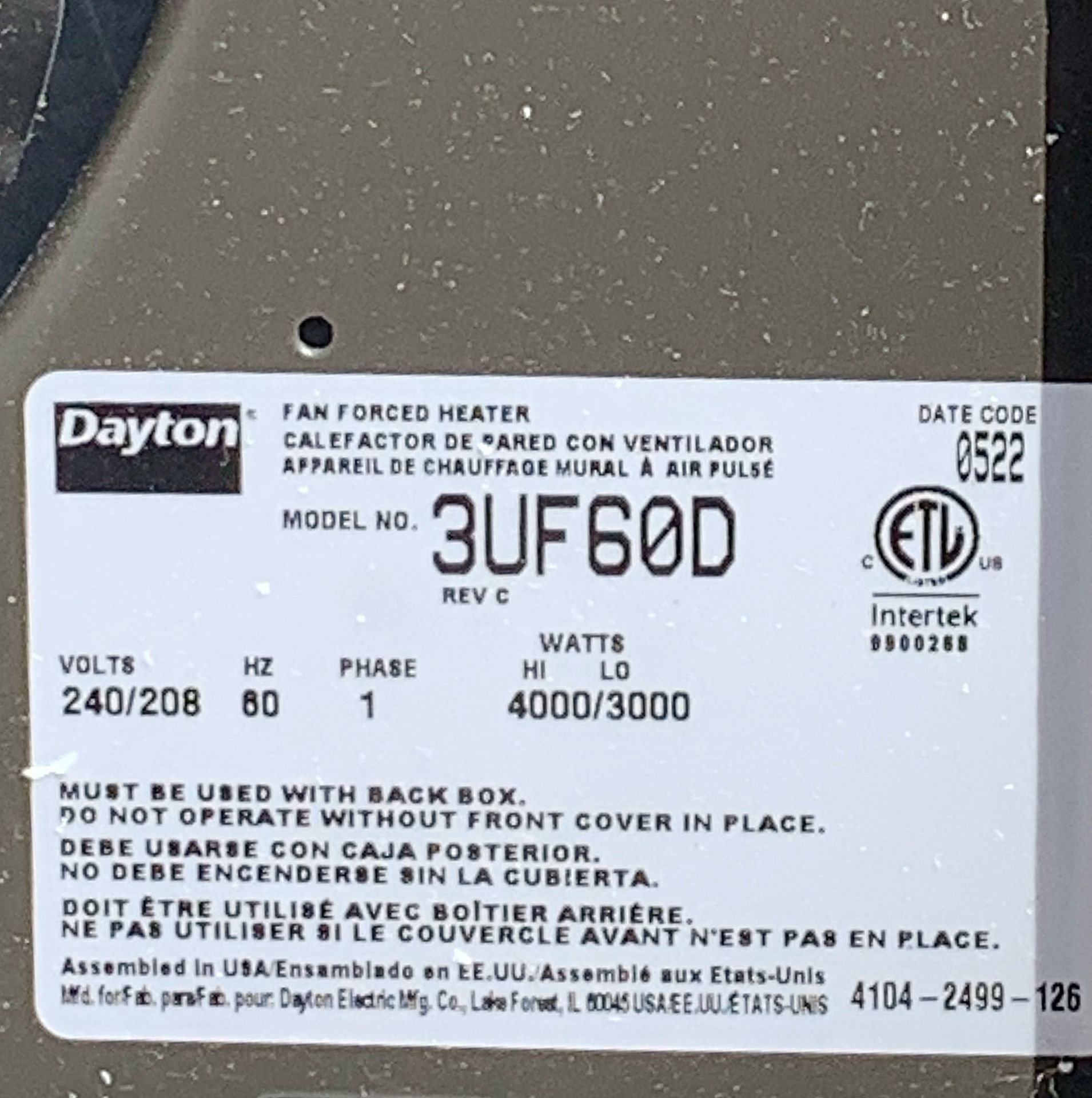 DAYTON Electric Wall-Mount Heater: 4,000W for Sale in Lakeside, CA - OfferUp