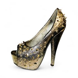 Dereon Womens High Heels Open Toe Black/Silver Metallic With Studs