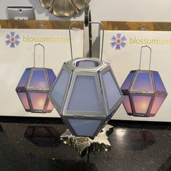 2 Blossom Tea-light Lanterns Made of Light Blue Tinted Glass & Brushed Aluminum