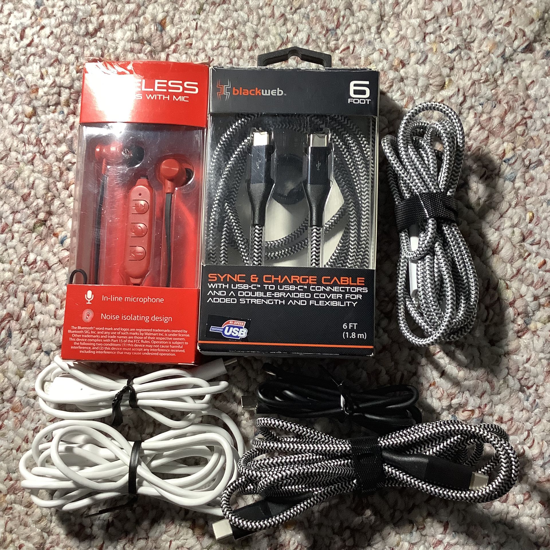 USB-C TO USB-C DIFFERENT CABLES AND BLUETOOTH EARBUDS.