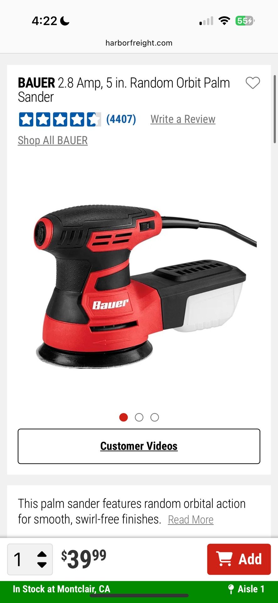 BAUER 2.8 Amp, 5 in. Random Orbit Palm Sander