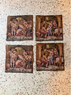 Set of 4 Made in France Woven Tapestry Panels Medieval People 10 in Square