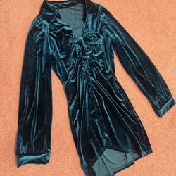 New 2xl teal stretchy velvet long sleeve short dress tie bow vintage