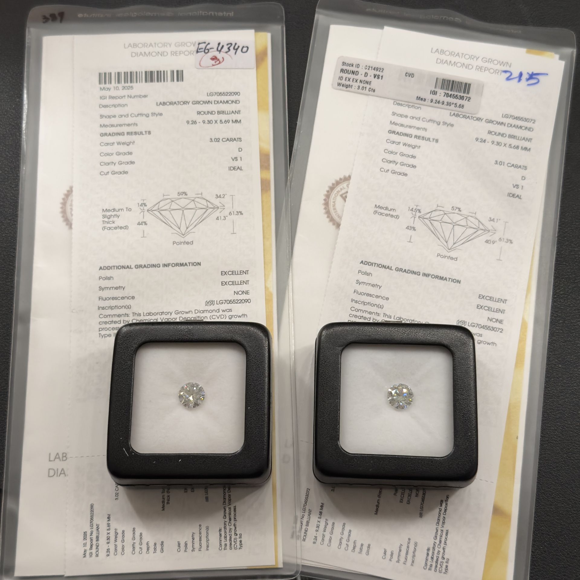 Lab Diamonds 3ct color D clarity VS1 $800 each