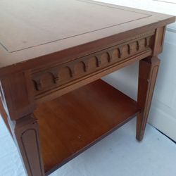 Vintage Solid Wood Side or End Table with a Rectangular Top Featuring Carved Apron Details, Square Tapered Legs with Vertical Fluting & a Lower Shelf