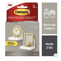 NEW (Open Box) Command Set of 2 Damage-Free Hanging Display Ledges with 8 Medium Strips - White  INCLUDES – 2 quartz display ledges, 8 medium strips; 